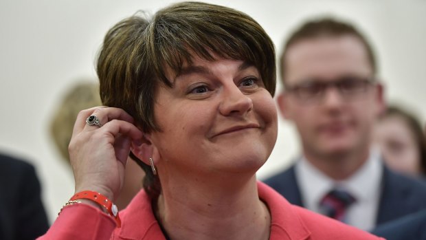 Democratic Unionist party leader and former First Minister Arlene Foster smiles as she is re-elected during a television broadcast interview during the Northern Ireland Stormont election count.