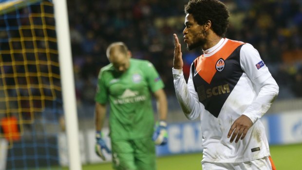 Bunch of five: Shakhtar Donetsk striker Luiz Adriano equalled Lionel Messi's record for most goals scored in a Champions League match.