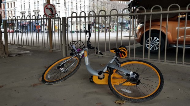 An abandoned oBike in Melbourne's CBD.