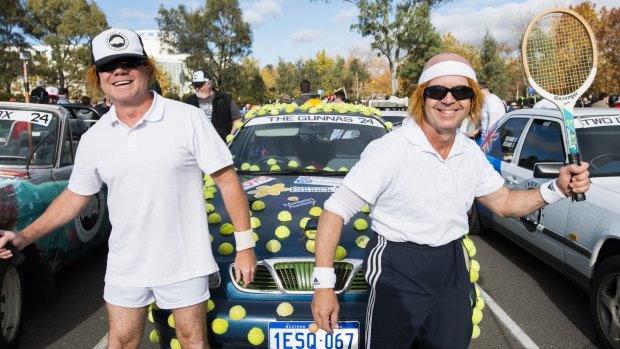Matt Burwood and Marty Sibley from Perth cross their fingers "The Gunna" will survive the rally.