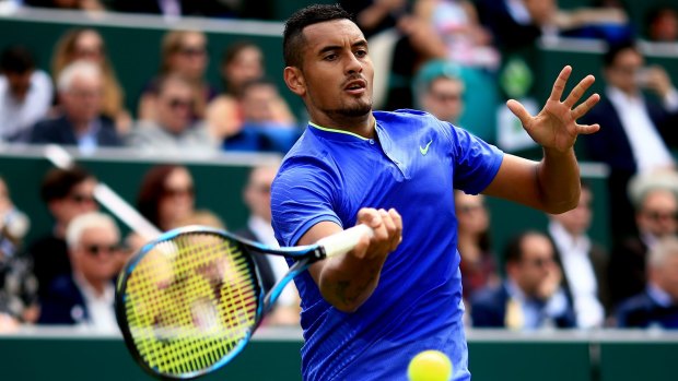 Nick Kyrgios in his final Wimbledon warmup match against Viktor Troicki of Serbia at the Boodles event on Friday.