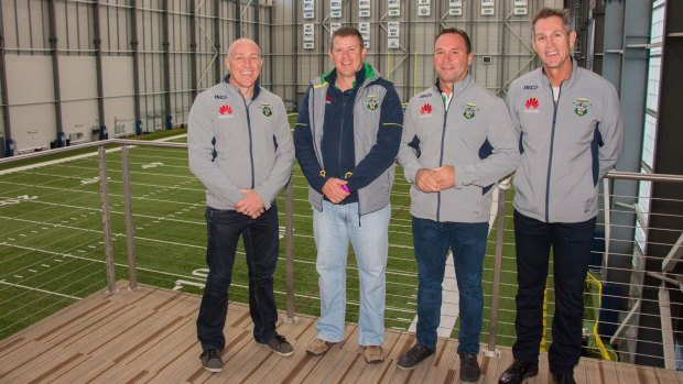 Raiders football manager John Bonasera, commercial and marketing manager Jason Mathie, Raiders coach Ricky Stuart and chief executive Don Furner check out the indoor training facility of the Seattle Seahawks.