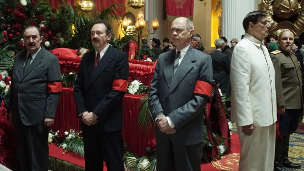 Five committeeman and a funeral: Dermot Crowley (left), Paul Whitehouse, Steve Buscemi, Jeffrey Tambor and Paul Chahidi in <i>The Death of Stalin</I>.
