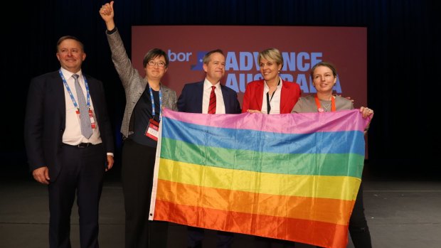 Labor MPs show off a rainbow flag.