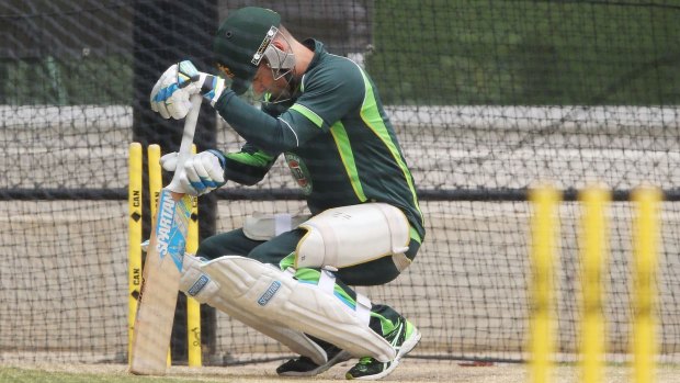 Testing times: Michael Clarke squats in the nets as he tests his back.