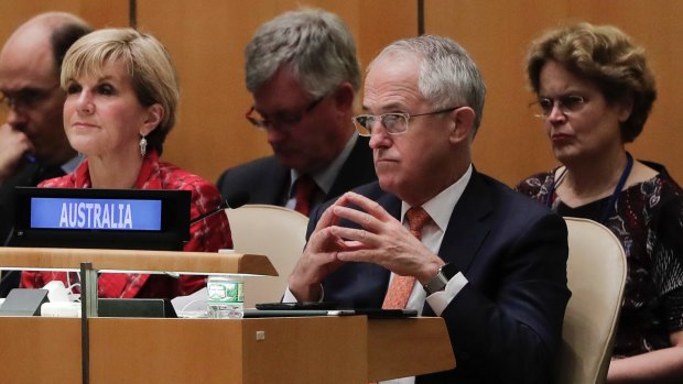 Prime Minister Malcolm Turnbull and Foreign Minister Julie Bishop listen during the 71st session of the United Nations General Assembly. 