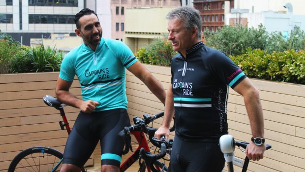 Steve Waugh with Adam Goodes, who will set off on "The Captain's Ride" from Mittagong to the peak of Australia, Mt Kosciuszko, later this month. 