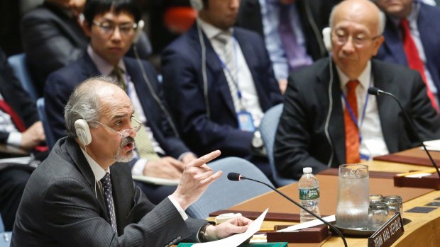 Bashar Jaafari addresses the UN Security Council after a resolution vote condemning Syria's use of chemical weapons failed to pass earlier this month.