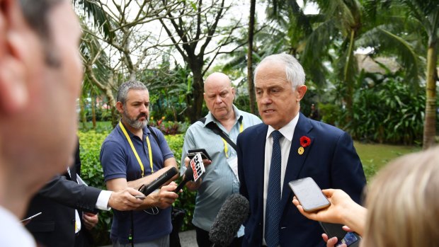 Malcolm Turnbull speaks to the media in Vietnam on Saturday.