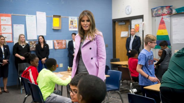 First lady Melania Trump visits on a sixth grade class in West Bloomfield, Michigan.