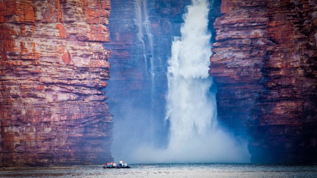Braving the 80-metre King George Falls not long after the end of the wet season.