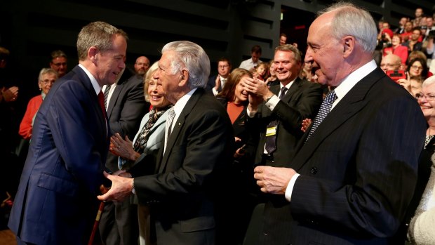 Opposition Leader Bill Shorten greets former prime minister Bob Hawke and former prime minister Paul Keating during the launch.