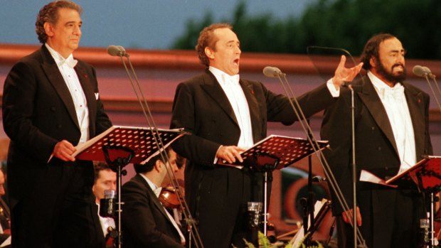 Tenor Jose Carreras, centre, during a performance with Placido Domingo and Luciano Pavarotti in Paris in 1988.