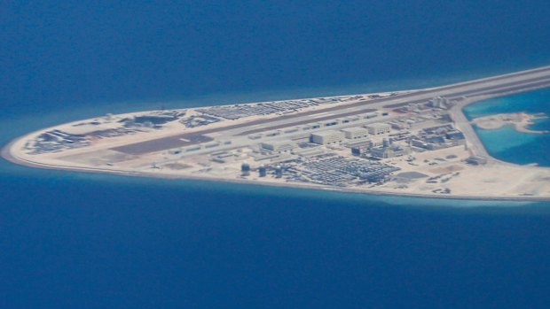 Chinese structures and an airstrip on the man-made Subi Reef at the Spratly group of islands.