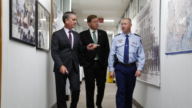 NSW Police Commissioner Andrew Scipione, NSW minister Troy Grant and Monaro Local Command superintendent Rod Smith at the Queanbeyan Police Station, which will get a $15-million makeover.