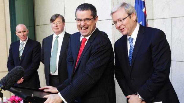 Stephen Conroy and Prime Minister Kevin Rudd hold a press conference at Parliament House in Canberra in June 2010.