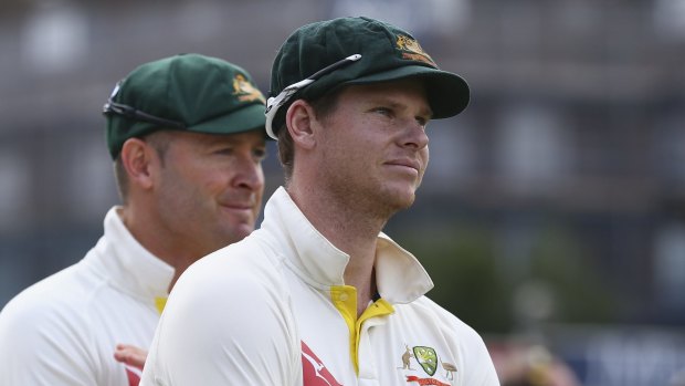 Baton change: Steve Smith and Michael Clarke watch the presentation following the final Ashes Test.