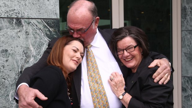 Liberal MP Warren Entsch with Greens senator Sarah Hanson-Young and independent MP Cathy McGowan after he introduced a private member's bill for marriage equality to Parliament House in August 2015. 