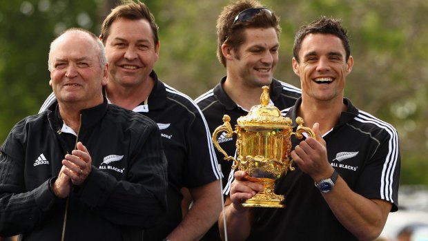 Reign supreme: Former All Blacks coach Graham Henry with current coach Steve Hansen, captain Richie McCaw and Dan Carter.