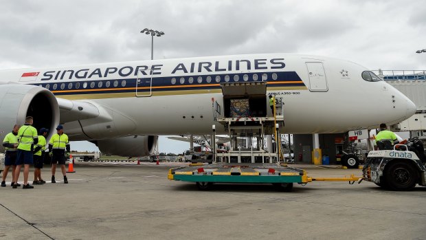 The first Australian shipment of Pfizer COVID-19 vaccines is unloaded from a Singapore Airlines plane at Sydney International Airport.