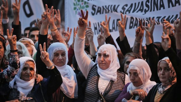Supporters of the pro-Kurdish opposition HDP in Istanbul demonstrate after a bombing in Ankara in October 2015.  