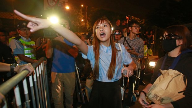Newly elected Hong Kong lawmaker Yau Wai-ching at Sunday's protest.