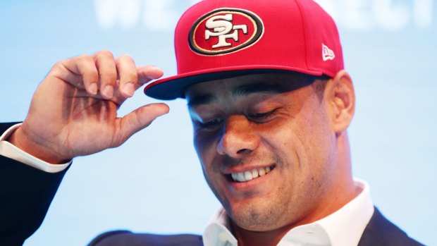 Hat's on: Jarryd Hayne at his press conference on Tuesday.
