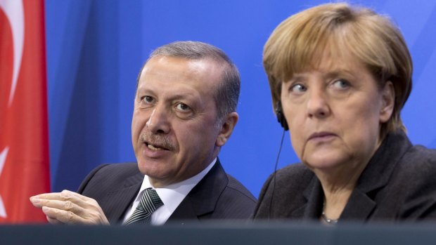 Mr Erdogan and German Chancellor Angela Merkel during a joint press conference on April 15.
