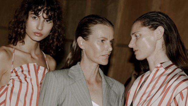Models Roberta Pecoraro, Emma Balfour and Anneliese Seubert backstage at Christopher Esber Fashion Week Show.