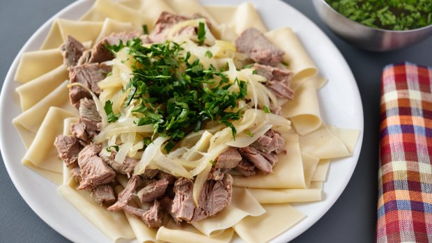 Beshbarmak. To my palate, boiled horse meat with pasta sheets and stewed onions is not very tasty.