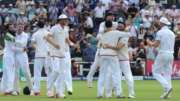 Tough to watch for the Australian team: England celebrate after beating Australia by 169 runs during day four of the first Ashes Test in Cardiff.