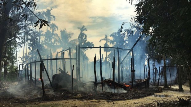 A burned house in Gawdu Zara village, northern Rakhine state, Myanmar. 