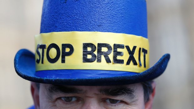 An anti Brexit demonstrator wears a hat in Westminster in London.