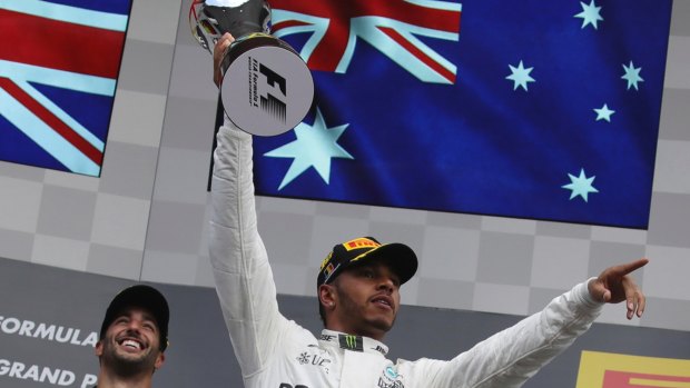 Mercedes driver Lewis Hamilton celebrates winning he Belgian Grand Prix on Sunday.