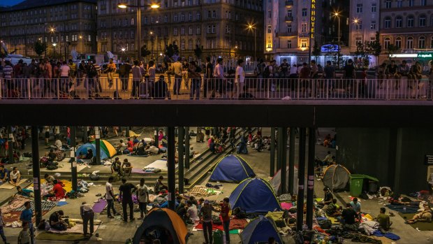 Migrants camp under the Keleti train station in Budapest.