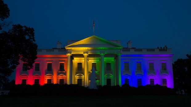 The White House is illuminated in celebration after the Supreme Court ruled that the Constitution guarantees a right to same-sex marriage.