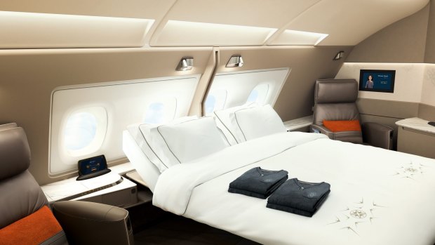 Singapore Airlines' A380 first-class suites can be converted into doubles by retracting the divider. 