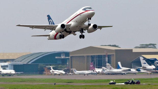 A Sukhoi Superjet 100 takes off from Halim Perdanakusuma airport in Jakarta in 2012 on a demonstration flight. The plane later crashed.