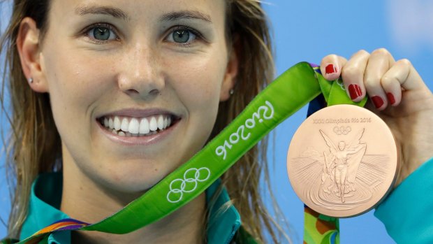 Australia's Emma McKeon shows off her bronze medal after the women's 200m freestyle final in Rio.