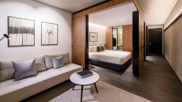 The bedroom and living-cum-dining room (each with a Smart-TV) can be separated by sliding timber doors and there's a fully equipped kitchenette. 