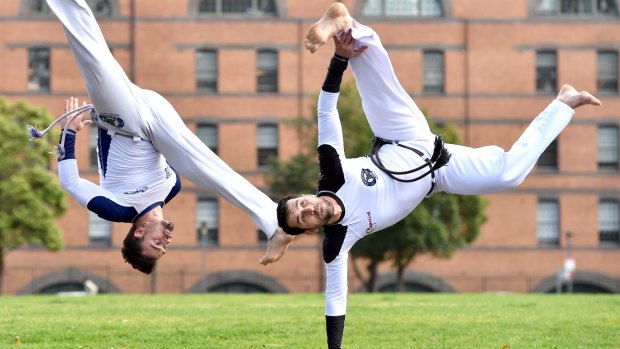 Andre Cerutti and Julio Chaves practise capoeira ahead of the Ritmo Brazilian Day at Darling Harbour later this month.
