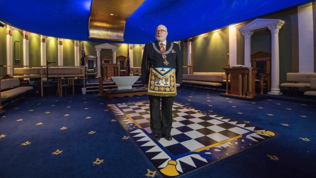 Deputy grand secretary Chris Craven in full regalia in Lodge Room 3, the Sydney Masonic Centre.