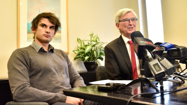 Lawyer Stephen Kenny (right) and Cassandra Sainsbury's fiance Scott Broadbridge (left), at a press conference in Adelaide.