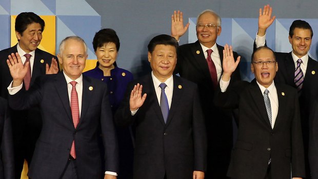 Mr Najib (back row, second from right) poses with other leaders at the Asia-Pacific Economic Cooperation summit in Manila in November 2015. 