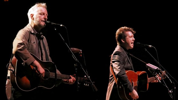 Billy Bragg and Joe Henry singing railroad songs on stage in the Sydney Opera House Concert Hall.