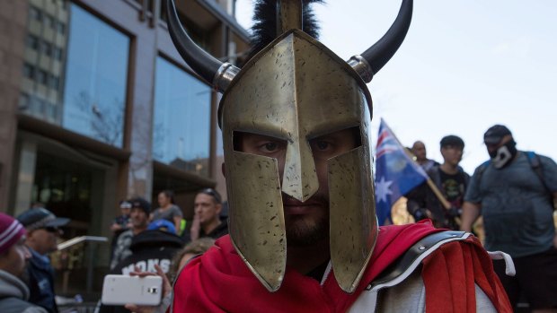A centurion with Viking horns at the Reclaim Australia Rally.