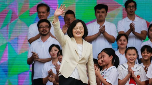 Tsai Ing-wen, Taiwan's incoming president, waves during her inauguration ceremony on Friday.