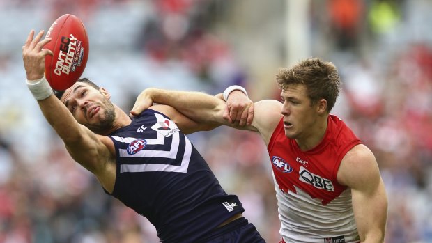 Ryan Crowley marks in last year's qualifying final against Sydney.