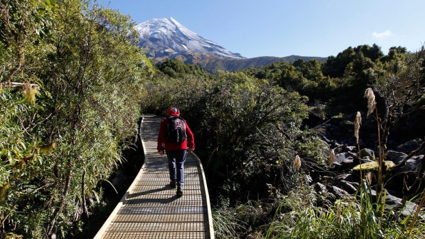 The track to Wilkies Pools with Mt Taranaki in background.