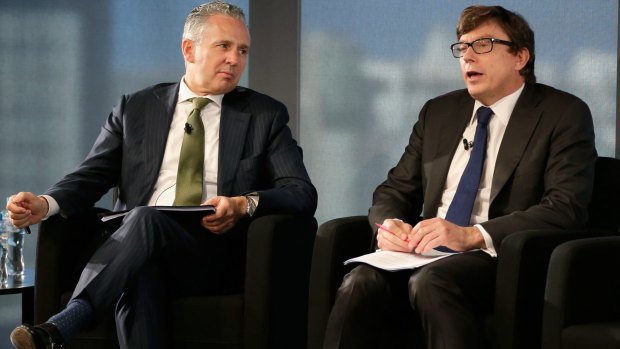 Telstra chief executive Andrew Penn and chief financial officer Warwick Bray answer questions during an Telstra Investor Briefing in May, 2016. 
